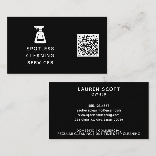 Schoonmaakbedrijf QR Code Spray Fles Zwart Visitekaartje (Voorkant / Achterkant)