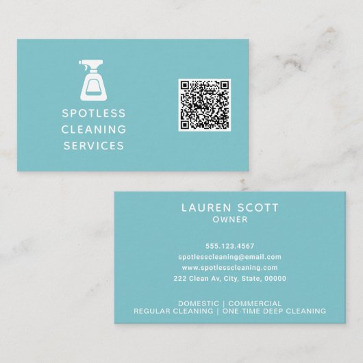 Schoonmaakbedrijf QR Code Spuitfles Aqua Blue Visitekaartje (Voorkant / Achterkant)