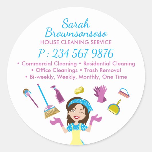 Schoonmaakbedrijven en hun diensten Schoonmaakster Ronde Sticker (Voorkant)