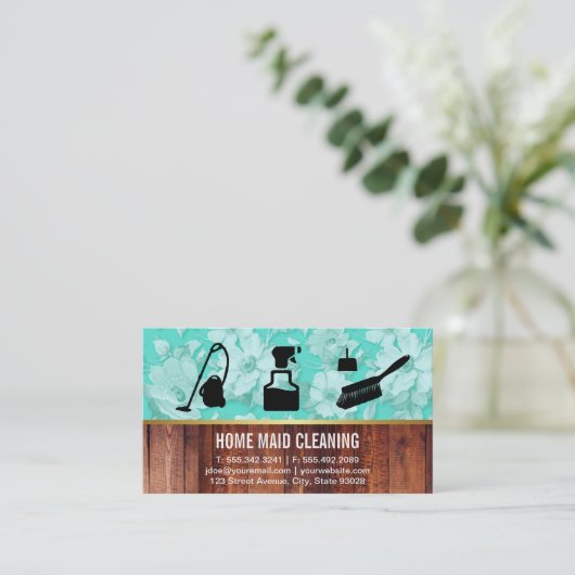 Schoonmaakdienst Bloem en Houten Paneel Visitekaartje (Staand voorkant)