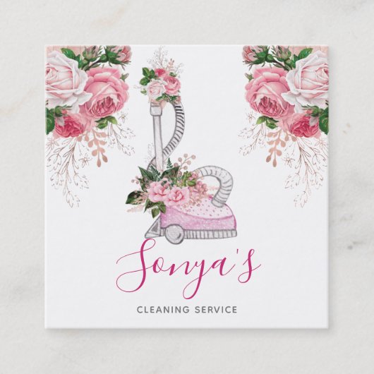 Schoonmaakdienst Bloemen Waterverf stofzuiger Vierkante Visitekaartje (Voorkant)