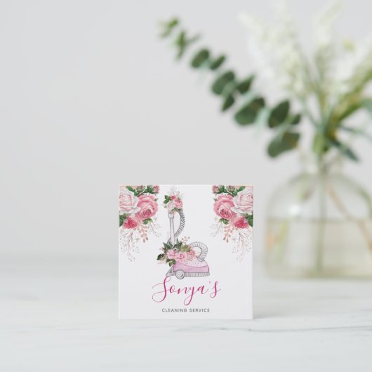 Schoonmaakdienst Bloemen Waterverf stofzuiger Vierkante Visitekaartje (Staand voorkant)