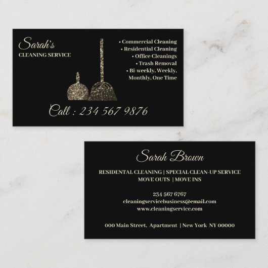 Schoonmaakdienst glinsterende gouden vrouwelijke visitekaartje (Voorkant / Achterkant)