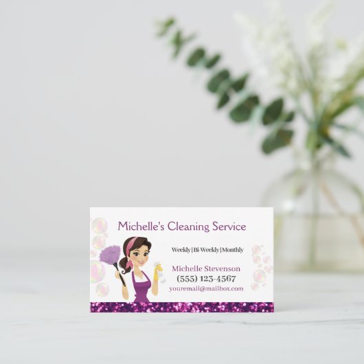 Schoonmaakdienst Maid House Paarse Glitter Visitekaartje (Staand voorkant)