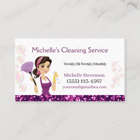 Schoonmaakdienst Maid House Paarse Glitter Visitekaartje (Voorkant)