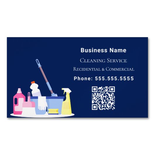 Schoonmaakdienst marineblauw QR code Magnetisch Visitekaartje (Voorkant)