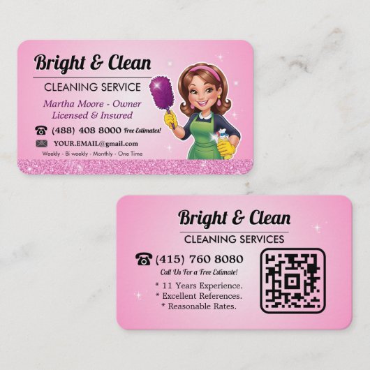 Schoonmaakdienst QR Code Roze Dienstmeid Visitekaartje (Voorkant / Achterkant)