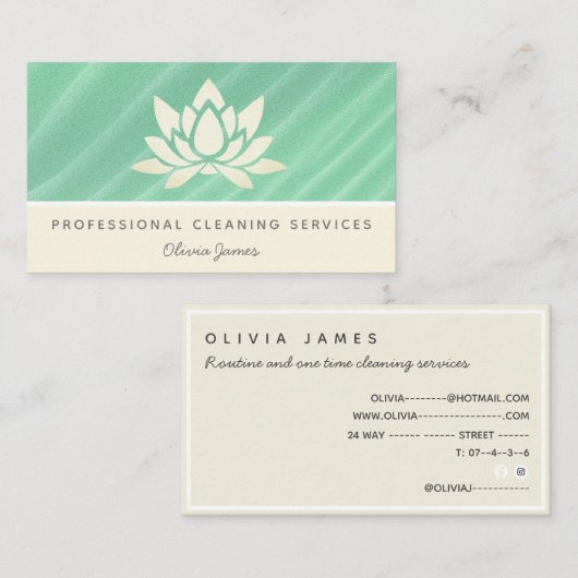 Schoonmaakdienst voor groene crèmebloem visitekaartje (Voorkant / Achterkant)