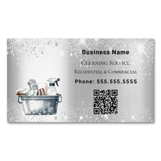Schoonmaakdienst zilverglitterstof QR-code Magnetisch Visitekaartje (Voorkant)