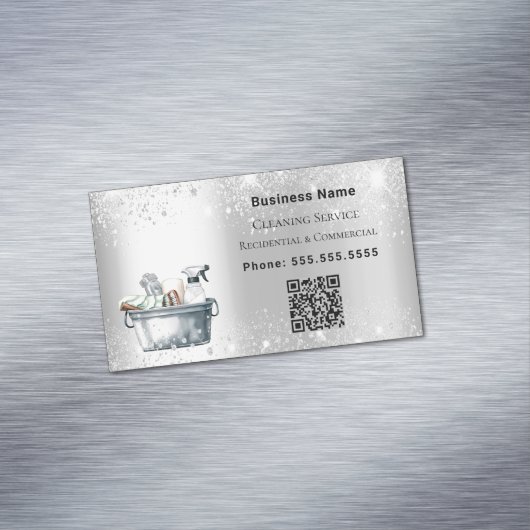 Schoonmaakdienst zilverglitterstof QR-code Magnetisch Visitekaartje (Voorbeeld)