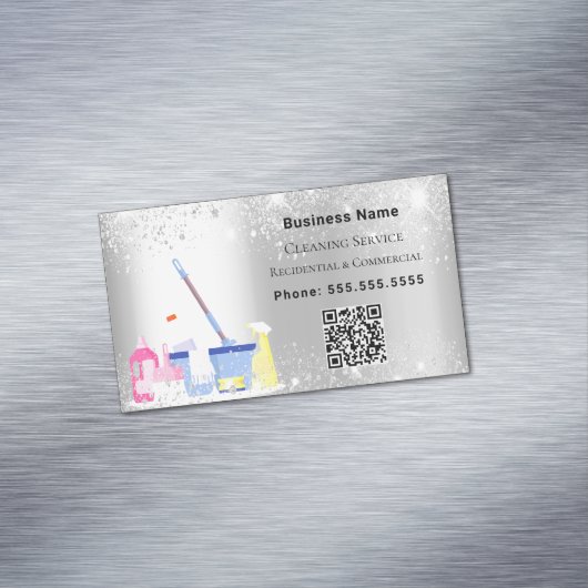 Schoonmaakdienst zilverglitterstof QR-code Magnetisch Visitekaartje (Voorbeeld)