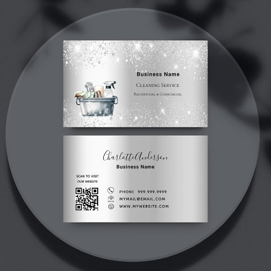 Schoonmaakdienst zilverglitterstof QR-code Visitekaartje