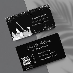Schoonmaakdienst zwarte zilverglitterstof QR-code Visitekaartje