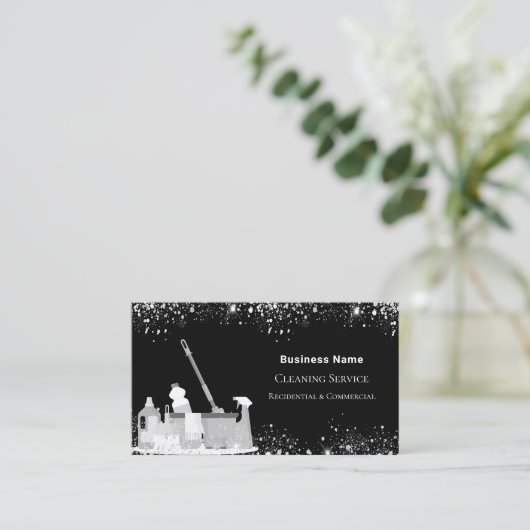 Schoonmaakdienst zwarte zilverglitterstof QR-code Visitekaartje (Staand voorkant)