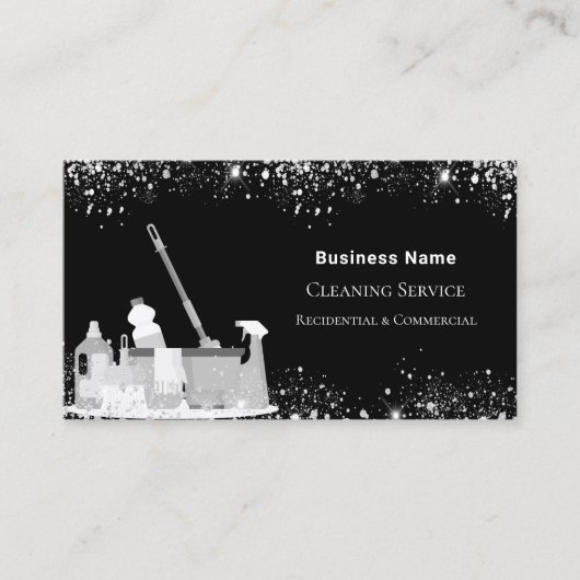 Schoonmaakdienst zwarte zilverglitterstof QR-code Visitekaartje (Voorkant)