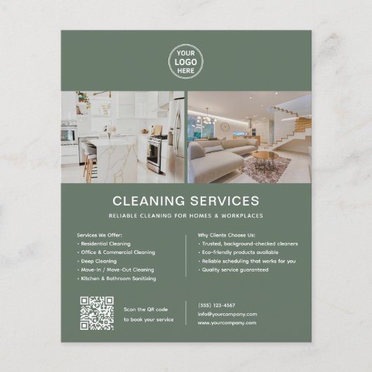 Schoonmaakdiensten Aangepaste Logo Groen QR Flyer (Voorkant)