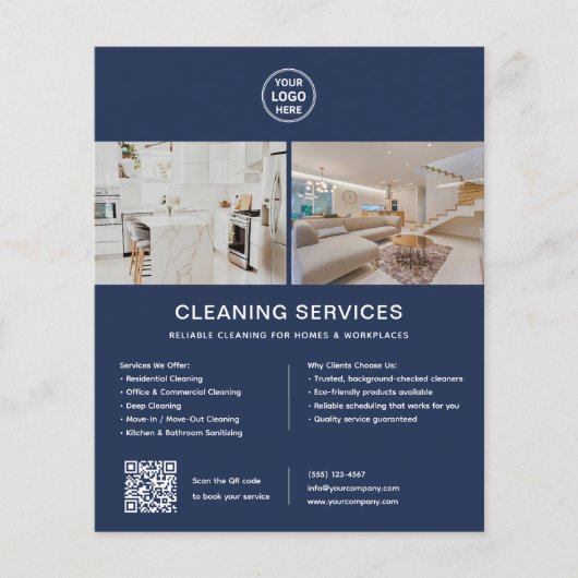 Schoonmaakdiensten aangepaste logo marineblauw QR Flyer (Voorkant)