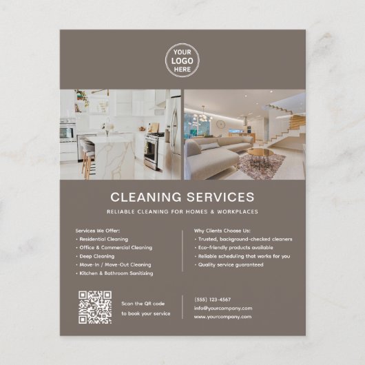 Schoonmaakdiensten aangepaste logo taupe QR Flyer (Voorkant)