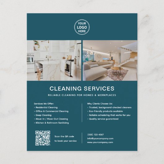 Schoonmaakdiensten aangepaste logo turquoise QR Flyer (Voorkant)