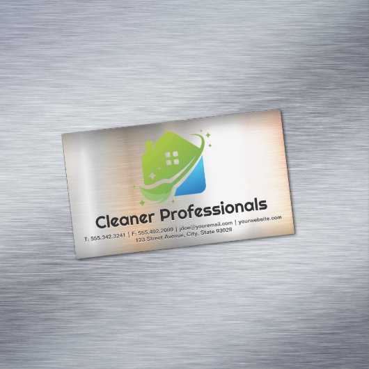 Schoonmaakdiensten Huis Logo | Metaal Achtergrond Magnetisch Visitekaartje (Voorbeeld)