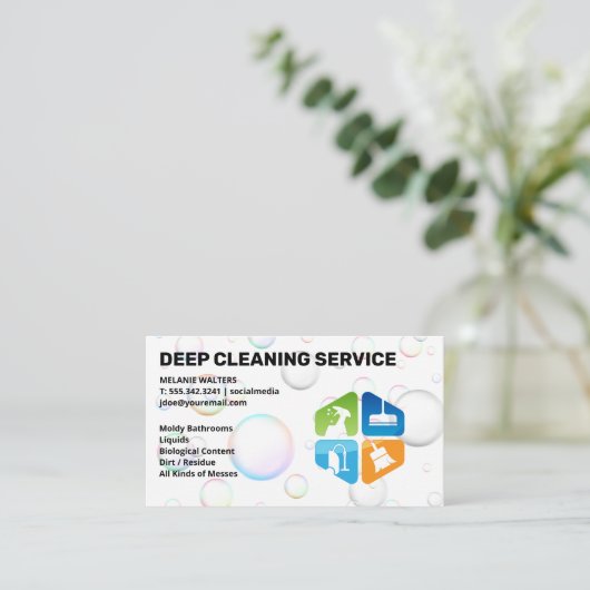 Schoonmaakdiensten Logo | Bubbles Achtergrond Visitekaartje (Staand voorkant)