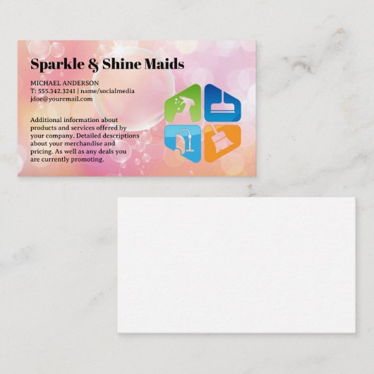 Schoonmaakdiensten Pictogrammen | Zeepbellen Achte Visitekaartje (Voorkant / Achterkant)