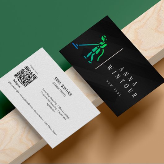 Schoonmaakdiensten QR Code Modern Zwart Visitekaartje