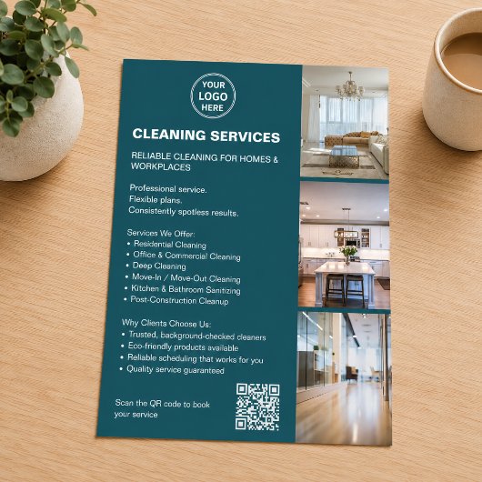 Schoonmaakdiensten Teal Foto Logo QR Flyer