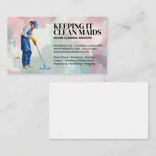 Schoonmaakdiensten | vrouw dweilen vloer visitekaartje (Voorkant / Achterkant)