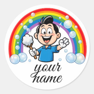 Schoonmaakmascotte Regenboog Cartoon Ontwerp Kunst Ronde Sticker