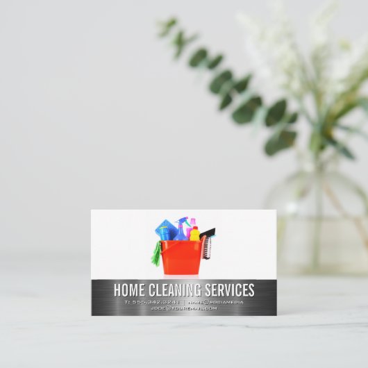 Schoonmaakmiddelen in emmer visitekaartje (Staand voorkant)