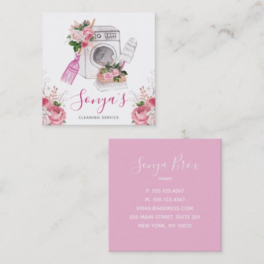 Schoonmaakservice Bloemen Waterverf Vierkante Visitekaartje (Voorkant / Achterkant)