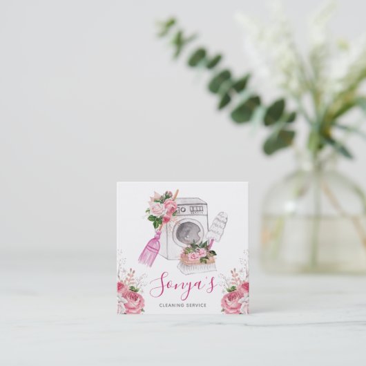 Schoonmaakservice Bloemen Waterverf Vierkante Visitekaartje (Staand voorkant)