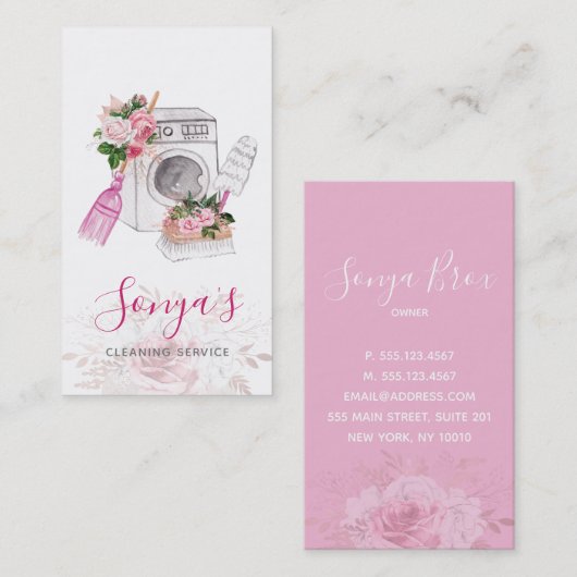 Schoonmaakservice Bloemen Waterverf Wasmachine Visitekaartje (Voorkant / Achterkant)
