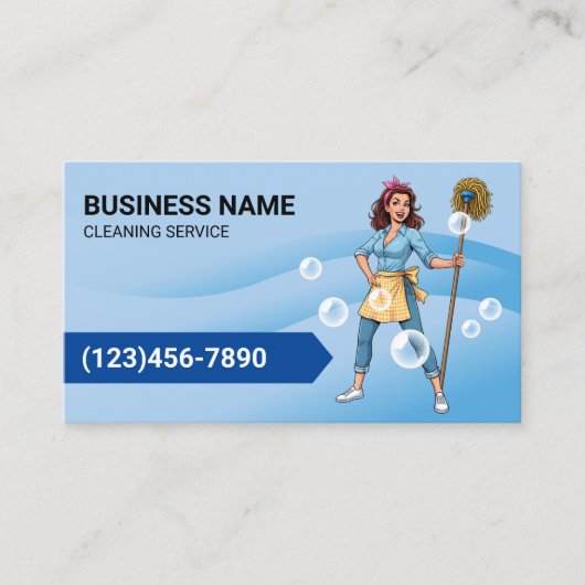 Schoonmaakservice Cartoon Maid Blue Curves Visitekaartje (Voorkant)