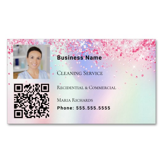 Schoonmaakservice foto QR code holografisch roze Magnetisch Visitekaartje (Voorkant)