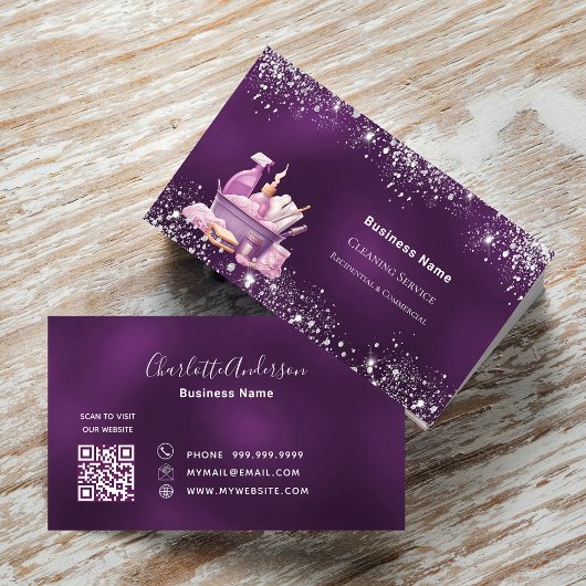 Schoonmaakservice paarse zilveren glitter QR-code Visitekaartje