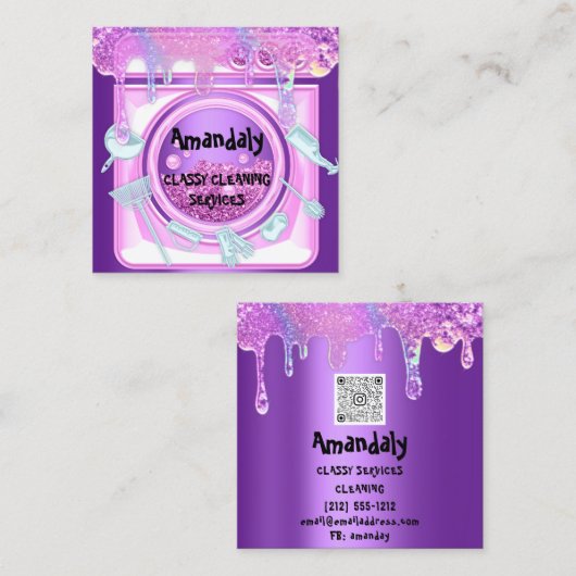 Schoonmaakservice QRCode Laundy droogt zeepgeweld  Vierkante Visitekaartje (Voorkant / Achterkant)
