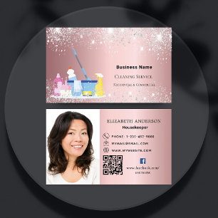 Schoonmaakservice roze glitter QR foto premium Visitekaartje