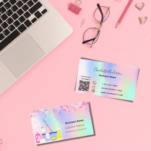 Schoonmaakservice roze holografische QR-code Visitekaartje