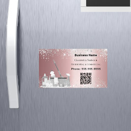 Schoonmaakservice roze zilver glitter stof QR code Magnetisch Visitekaartje