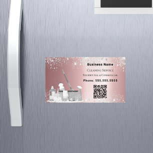 Schoonmaakservice roze zilver glitter stof QR code Magnetisch Visitekaartje