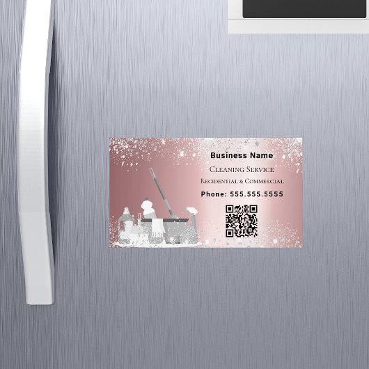 Schoonmaakservice roze zilver glitter stof QR code Magnetisch Visitekaartje