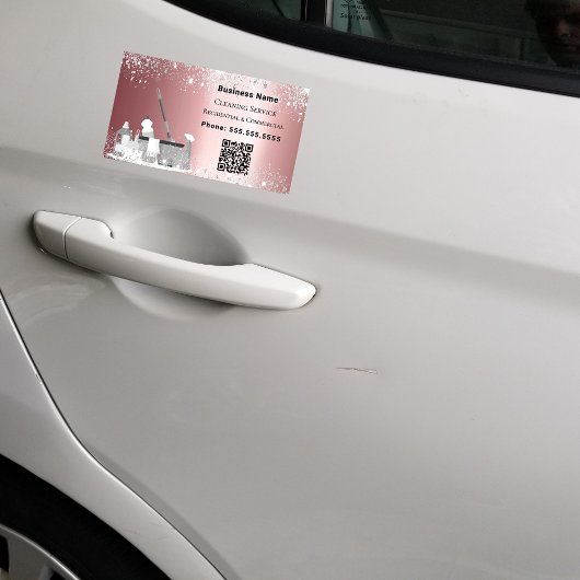 Schoonmaakservice roze zilver glitter stof QR code Magnetisch Visitekaartje