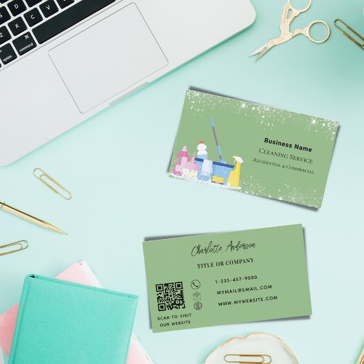 Schoonmaakservice Sage groen zilver stof QR-code Visitekaartje