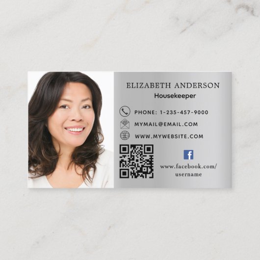 Schoonmaakservice zilver glitter stof QR code foto Visitekaartje (Achterkant)