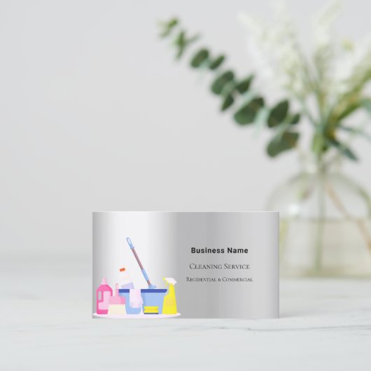 Schoonmaakservice zilver QR code foto Visitekaartje (Staand voorkant)