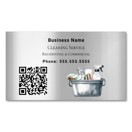 Schoonmaakservice zilveren QR-code Magnetisch Visitekaartje (Voorkant)