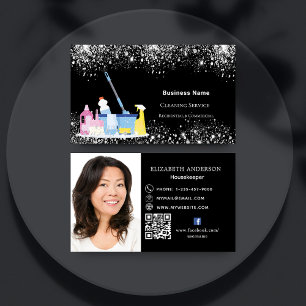 Schoonmaakservice zwart glitterstof QR code foto Visitekaartje