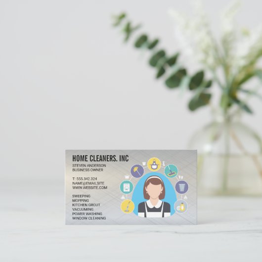 Schoonmaakster en gereedschap visitekaartje (Staand voorkant)